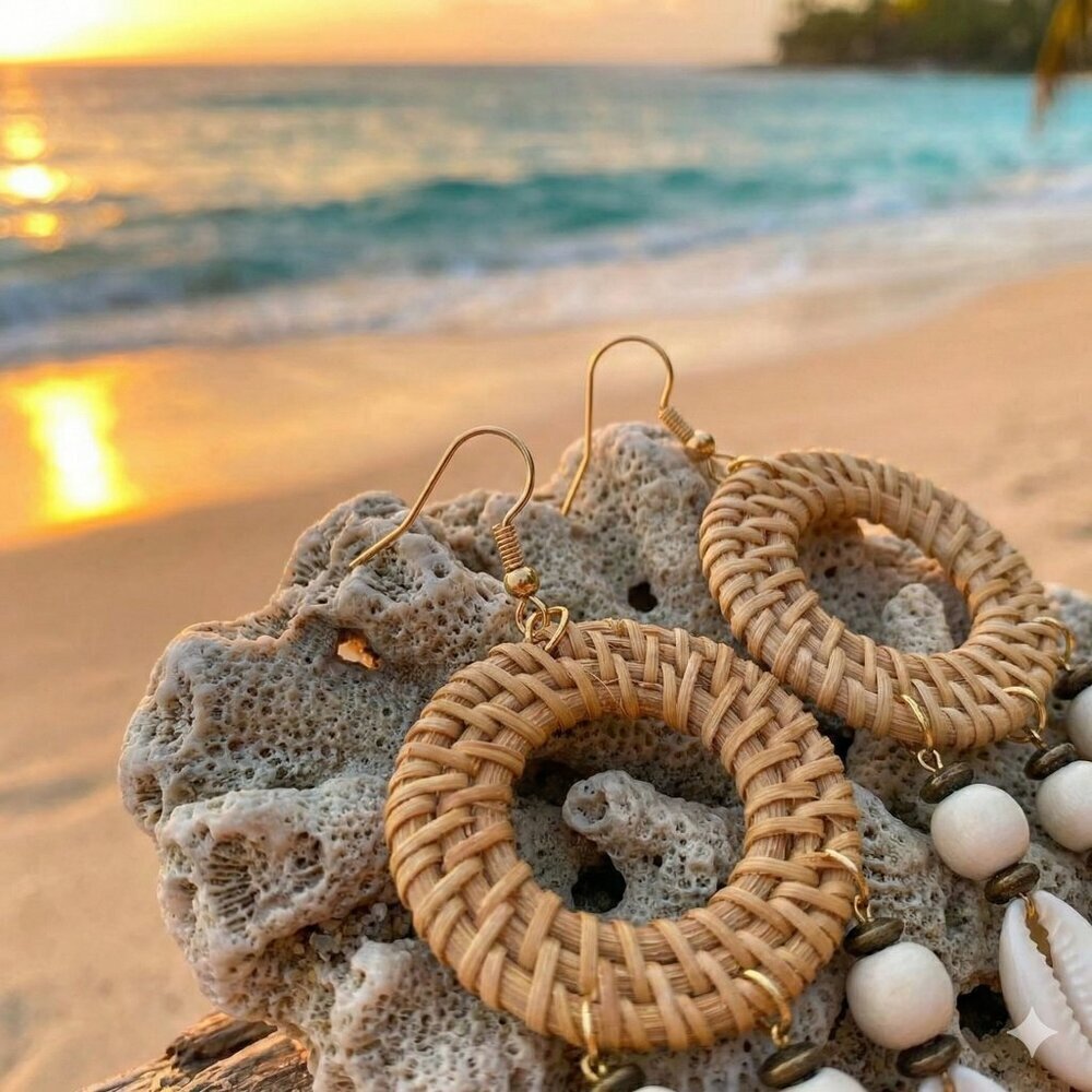 Rattan Woven Hoop Earrings Cowrie Shell Dangle Boho Coastal Mermaidcore Beach - Picture 7 of 16